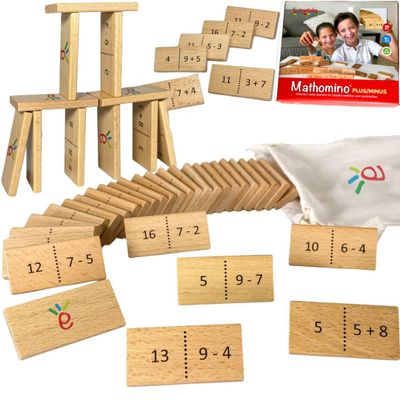 Math Domino Game for 1st & 2nd Grade | Wooden Algebra Dominoes Plus/Minus | Educational Learning Toy for Kids 6+ | Classroom, Homeschool & Teaching Supplies