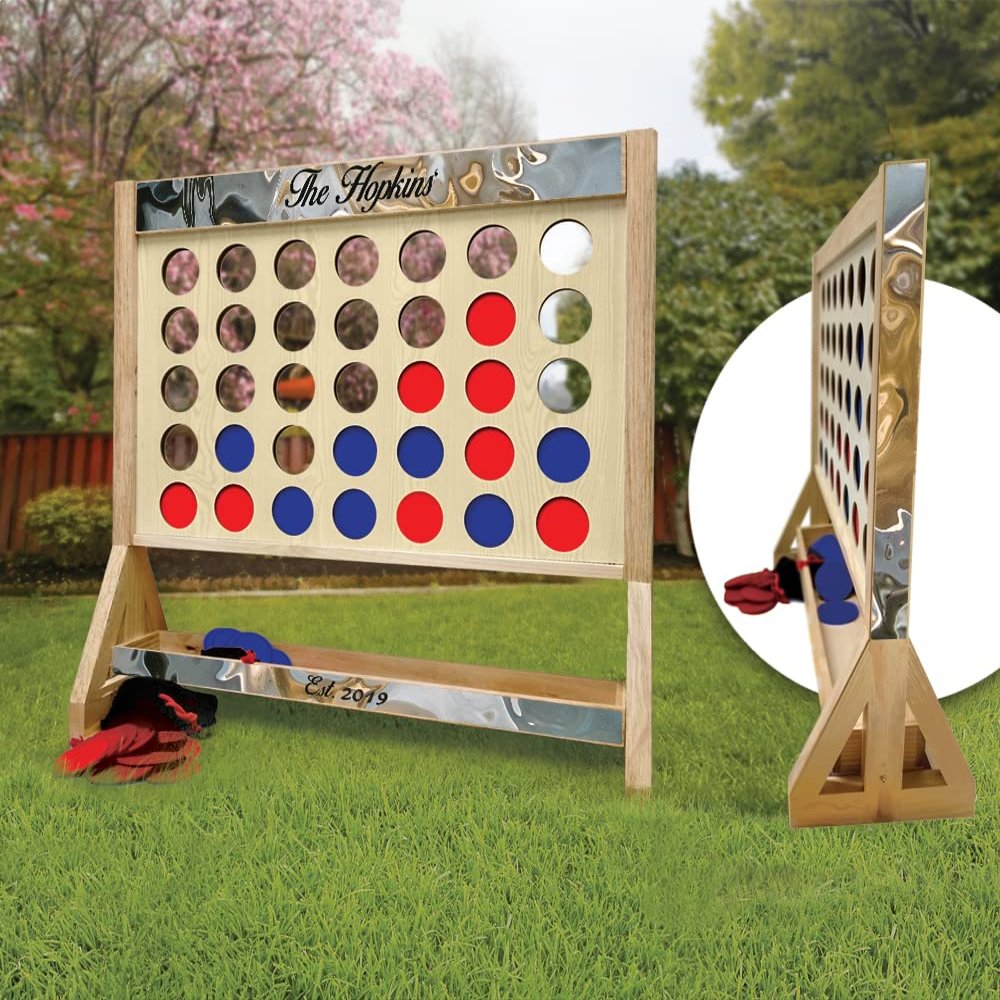 Dr. Penny Pincher Marble Custom Personalized Family Name 4 in a Row Giant Wooden Game Set, Jumbo 4 Connect Family Fun Includes Choice of Color Discs + Carry Case