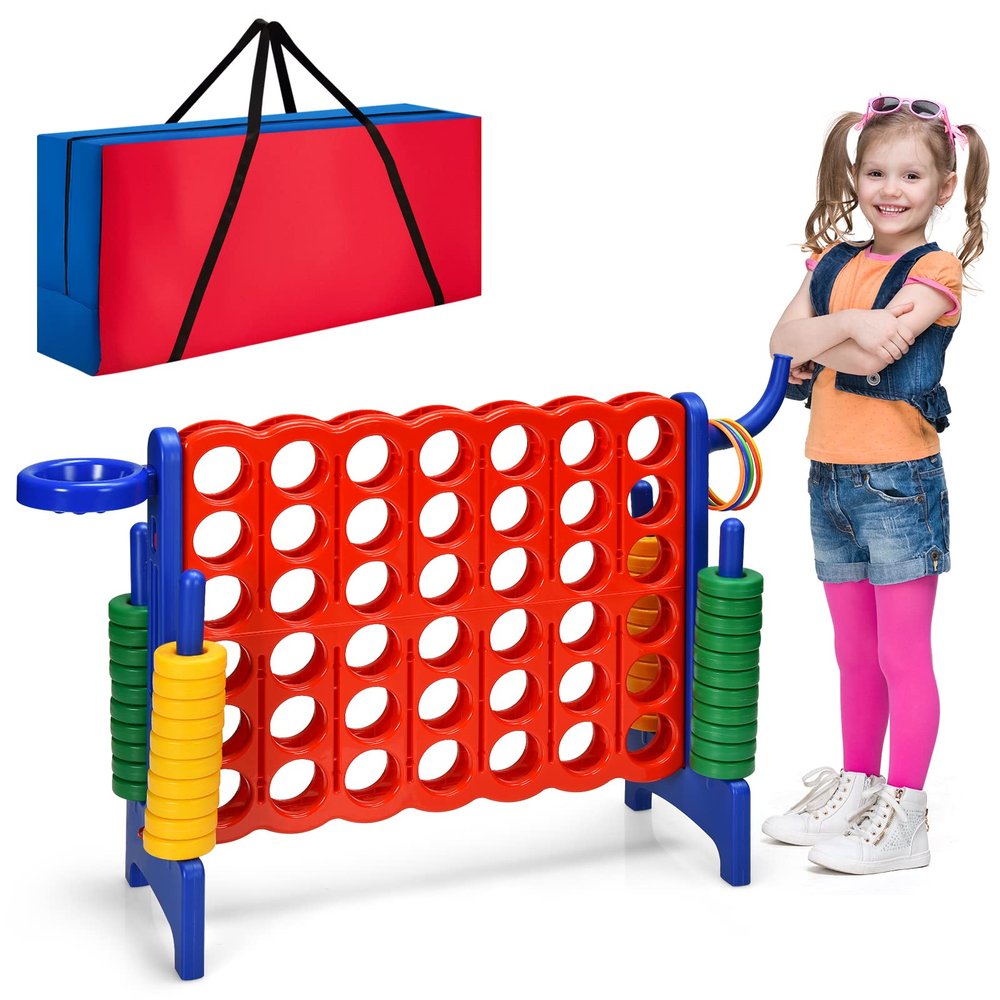 Costzon Giant 4-in-A-Row, Jumbo 4-to-Score Giant Game w/Carrying Bag, Basketball Hoop, 42 Jumbo Rings, Quick-Release Slider, Indoor Outdoor Family Connect Game for Kids & Adults, Backyard Games