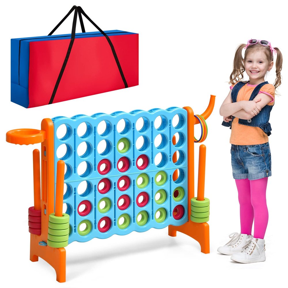 Costzon Giant 4-in-A-Row, Jumbo 4-to-Score Giant Game w/Carrying Bag, Basketball Hoop, 42 Jumbo Rings, Quick-Release Slider, Indoor Outdoor Family Connect Game for Kids & Adults, Backyard Games