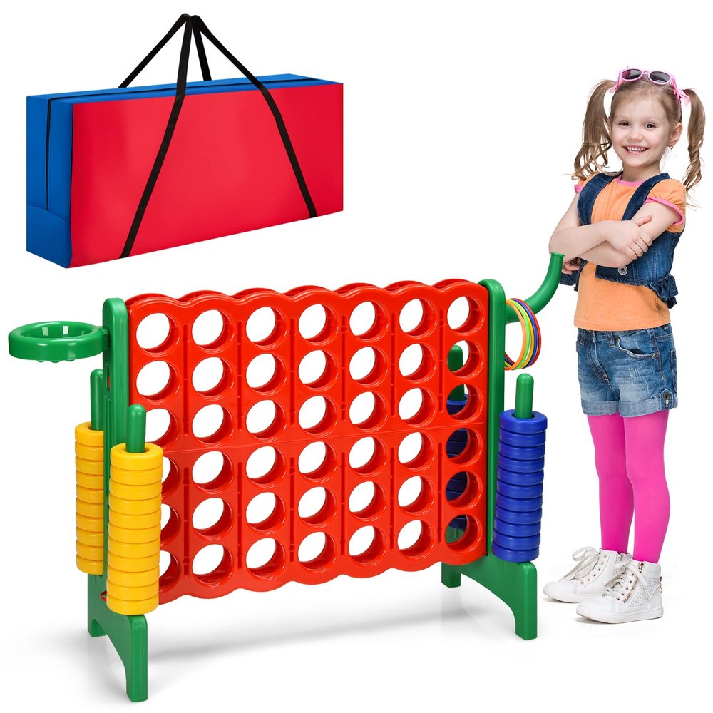 Costzon Giant 4-in-A-Row, Jumbo 4-to-Score Giant Game w/Carrying Bag, Basketball Hoop, 42 Jumbo Rings, Quick-Release Slider, Indoor Outdoor Family Connect Game for Kids & Adults, Backyard Games