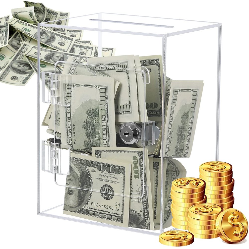 ETPlanet Clear Acrylic Piggy Bank for Adults Kids, Large and Sturdy Money Saving Jar for Cash Coin with Key Change jar, Saving Box for Wedding, Birthday, New Year Gifts and Fun (Clear)