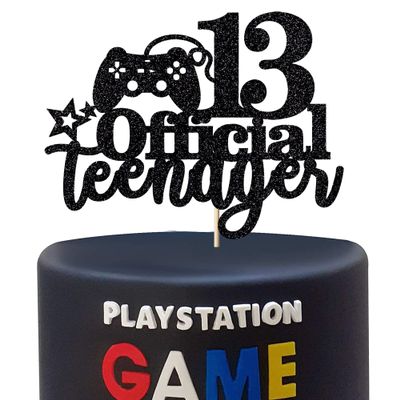 Migeaks Black Glitter Official 13 Teenager Birthday Cake Topper- 13th Birthday Cake Topper-video game controller theme happy birthday party decoration