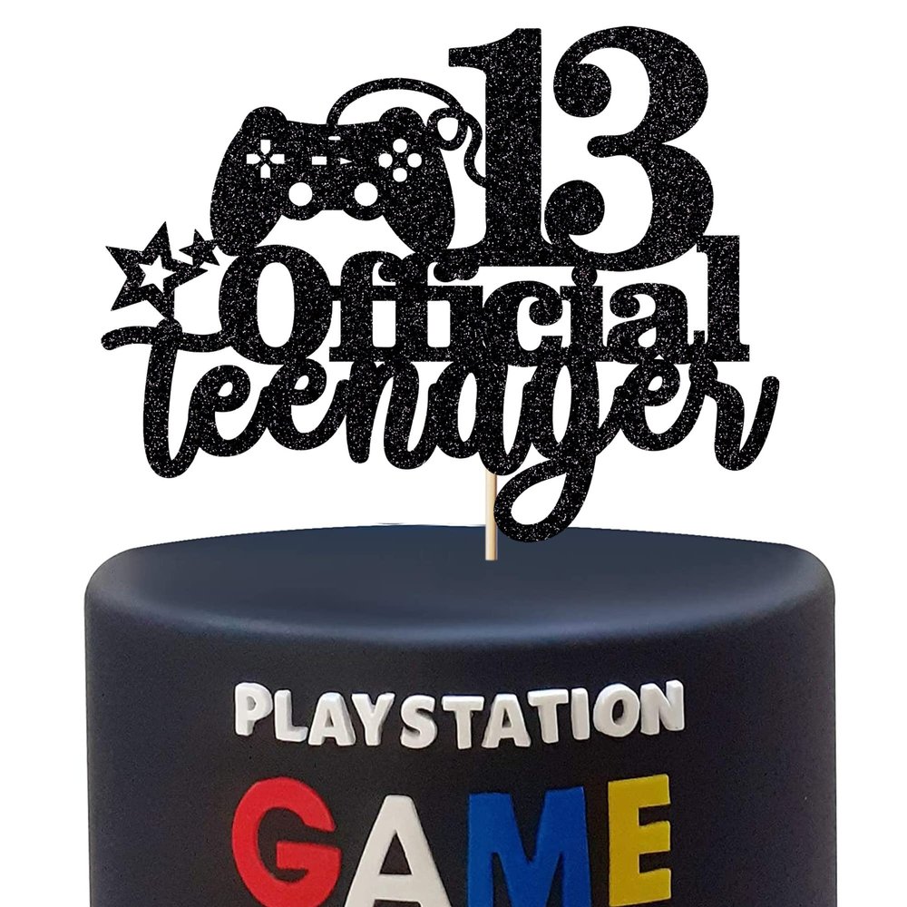 Migeaks Black Glitter Official 13 Teenager Birthday Cake Topper- 13th Birthday Cake Topper-video game controller theme happy birthday party decoration