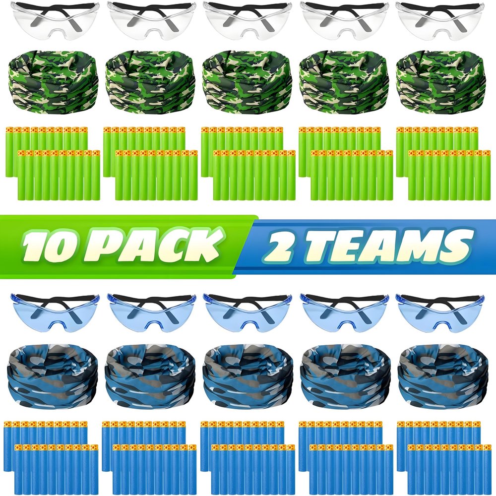 Party Supplies Compatible for Nerf - 10 Kids Pack Boys Birthday Party Guns War Decorations,Face Mask Glasses 200 Foam Bullets Darts for Two Teams Toy for Kids Boys Girls