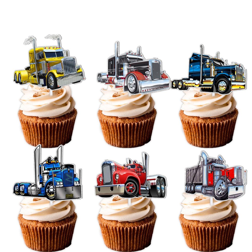18pcs Glitter Truck Car Dessert Cupcake Topper Transportation Vehicle Theme Decor Supplies Baby Shower Boy Girl Happy Birthday Party Decorations