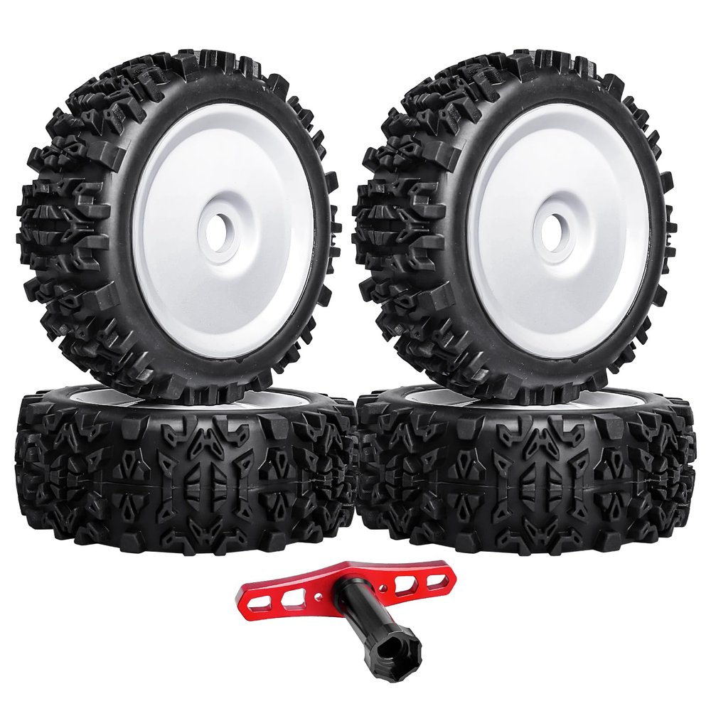 Hobbyfire PreGlued 1/8 Buggy Tires 17mm Wheels Foam Inserts w/ 17mm Wheel Wrench for Arrma Typhon 3S 6S Losi HPI Redcat Racing Models, Set of 4 (White Rims)