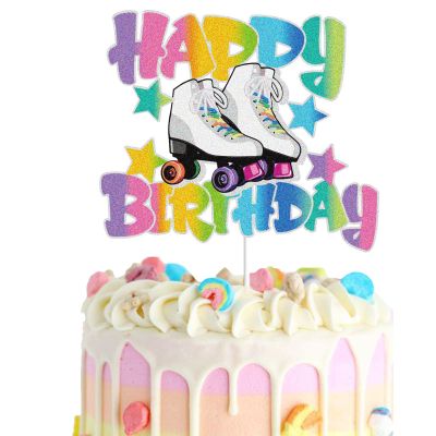 KEWEYA Roller Skate Retro Hip Hop Theme Birthday Cake Topper, Gold, 1 x