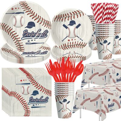 HIPVVILD Baseball Party Decorations Tableware, Baseball Birthday Baby Shower Party Supplies Dinnerware Include Paper Plate, Cup, Napkin, Tablecloth, Cutlery, Straw, Serves 24