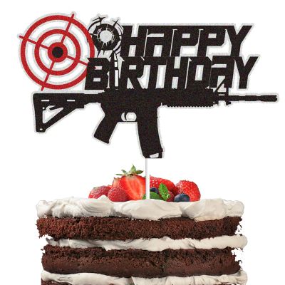 Gun Pistol Happy Birthday Cake Topper Shooting Theme Party Supplies Black Glitter Bullet Target Cake Decoration