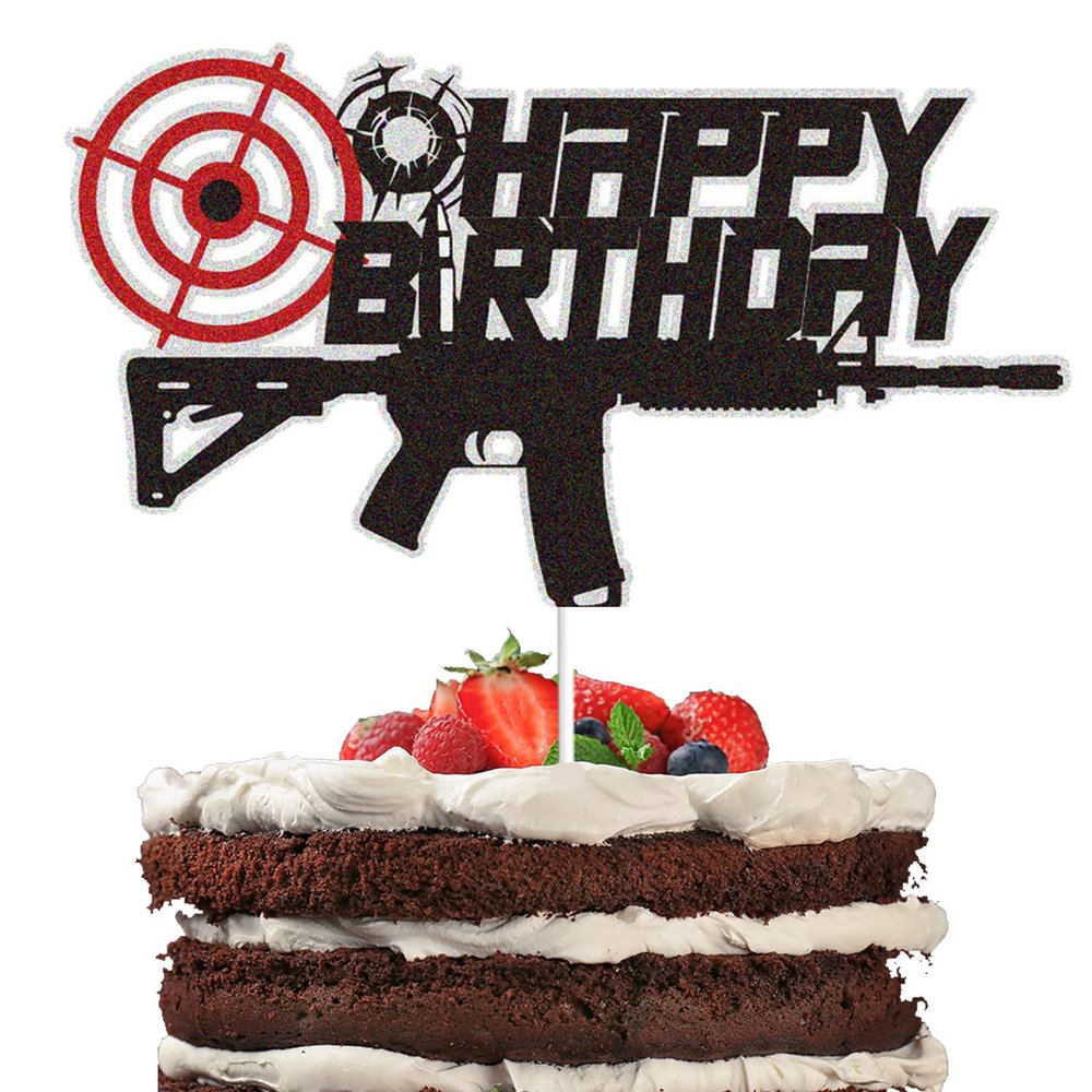 Gun Pistol Happy Birthday Cake Topper Shooting Theme Party Supplies Black Glitter Bullet Target Cake Decoration