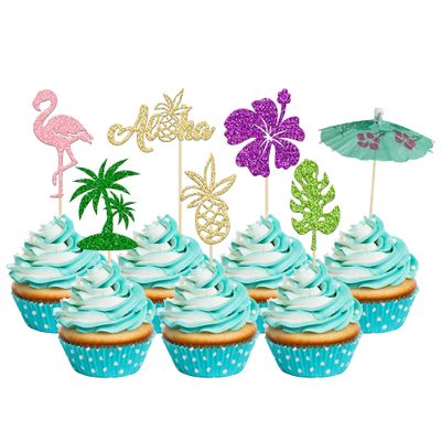28Pcs Tropical Cupcake Toppers Aloha Flamingo Cupcake Picks Hawaiian Luau Cake Decorations for Summer Aloha Baby Shower Tropical Wedding Party Decorations