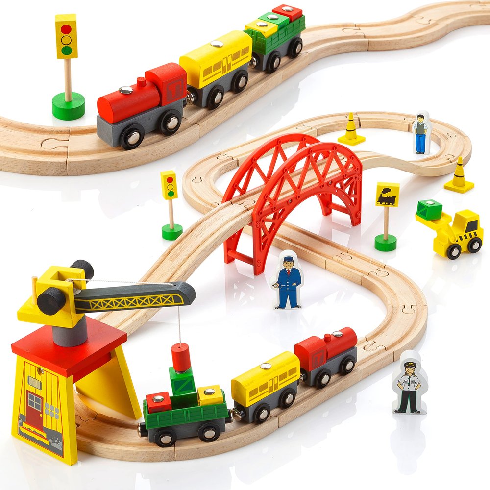 KipiPol Wooden Train Sets for Boys 2-4-7 38 Pcs Wood Train Set for Toddlers w/Crane, Bridge & Wooden Train Tracks Train Toys for 3 Year Old Boys & Girls Fits Thomas Brio IKEA Melissa and Doug