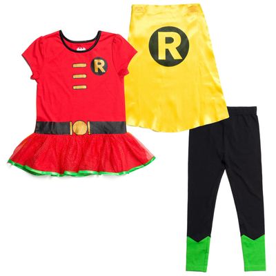 DC Comics Robin Big Girls Cosplay T-Shirt Dress Leggings and Cape 3 Piece Black/Red 10-12