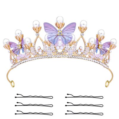 KINBOM Butterfly Crown for Girls, Princess Purple Crown Exquisite Princess Tiara with Pearls Butterfly Headband for Halloween Christmas Birthday Cosplay Costumes
