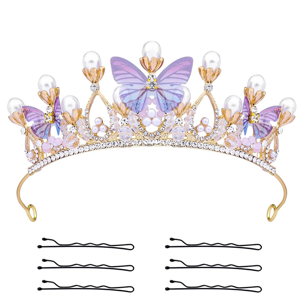 KINBOM Butterfly Crown for Girls, Princess Purple Crown Exquisite Princess Tiara with Pearls Butterfly Headband for Halloween Christmas Birthday Cosplay Costumes