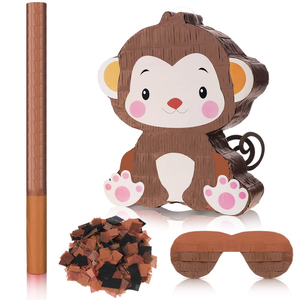 Seematn Monkey Piata Birthday Party Decorations Farm Animal Themed Birthday Party Supplies with Blindfold Stick and Confetti for Girls Boys Kids