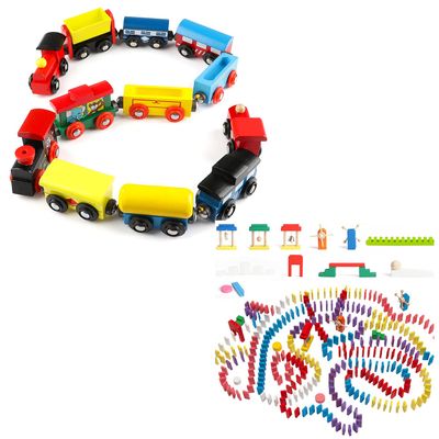 Joqutoys Wooden Dominoes Train Set for Kids, Magnetic Train Cars with Domino Building Blocks