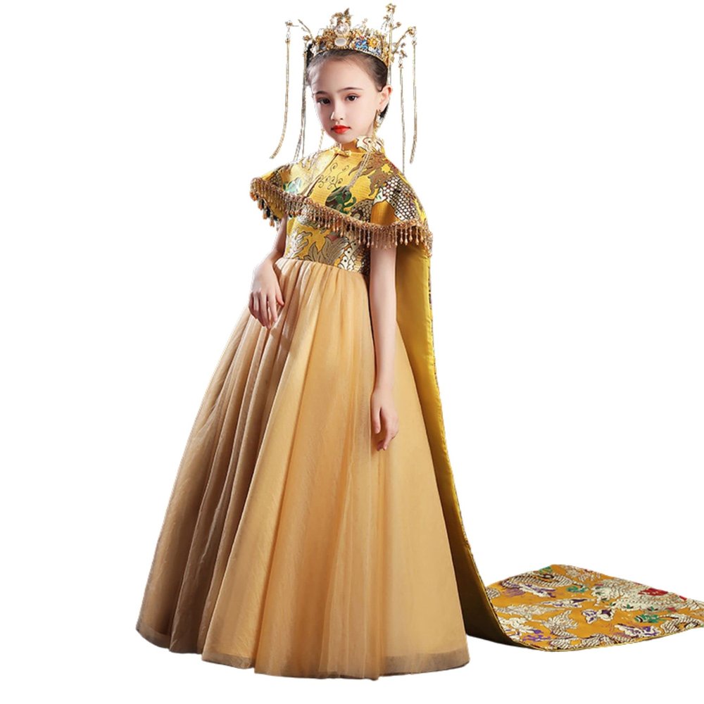 AINIFU Queen Dresses for Girls Summer Birthday Dresses Party Dresses Movie Costumes (9-10 Years) Gold