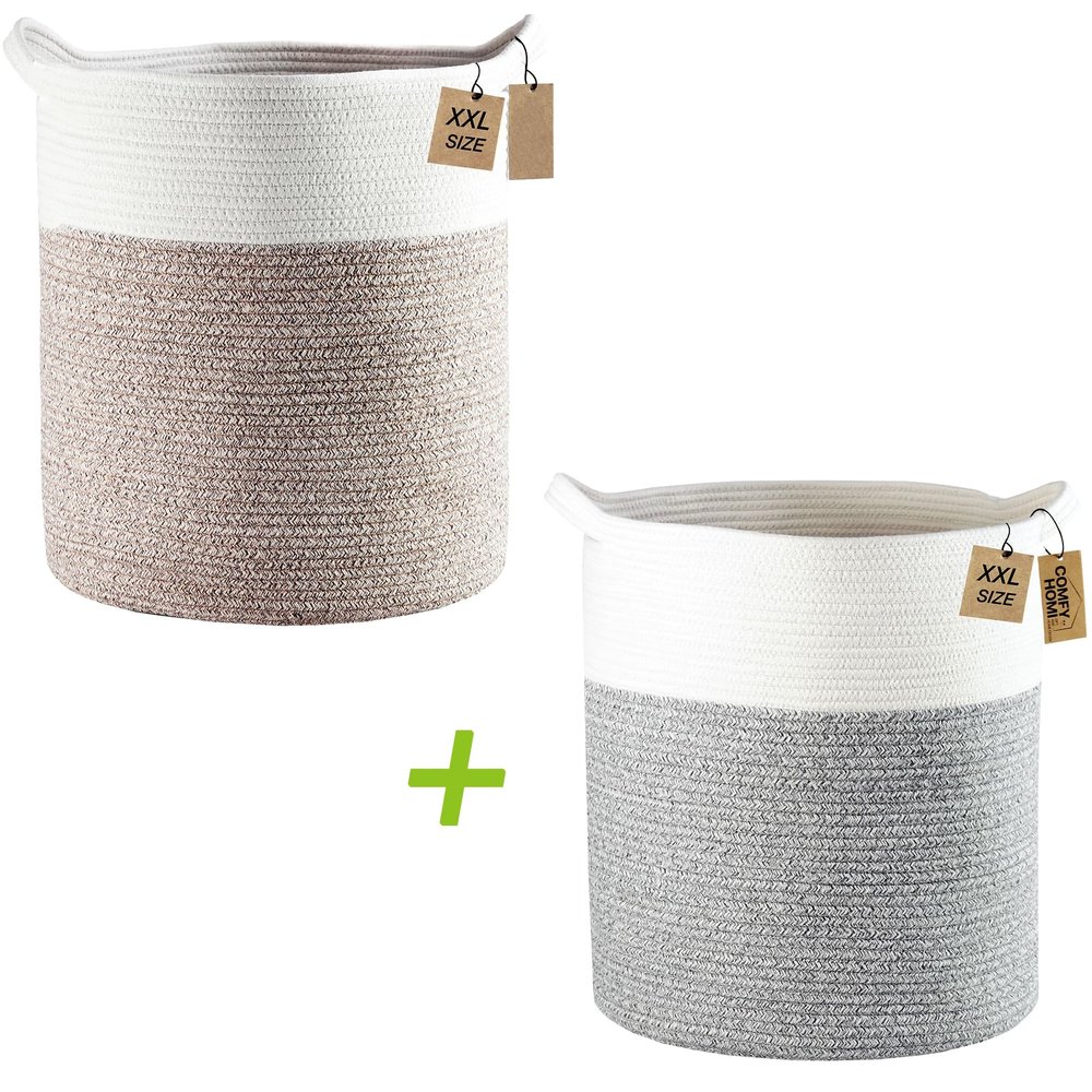 COMFY-HOMI 4pc Baskets = 2pc Tall Rope Baskets 18X16with Handle Laundry Storage Bin White and Brown/White and Grey