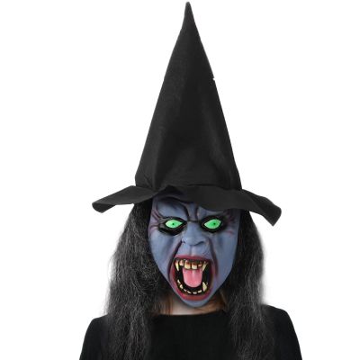 Mokylor 2 PCS Latex Witch Mask with Black Hair and Hat, Creepy Scary Women Costume Masks for Halloween Party Decorations