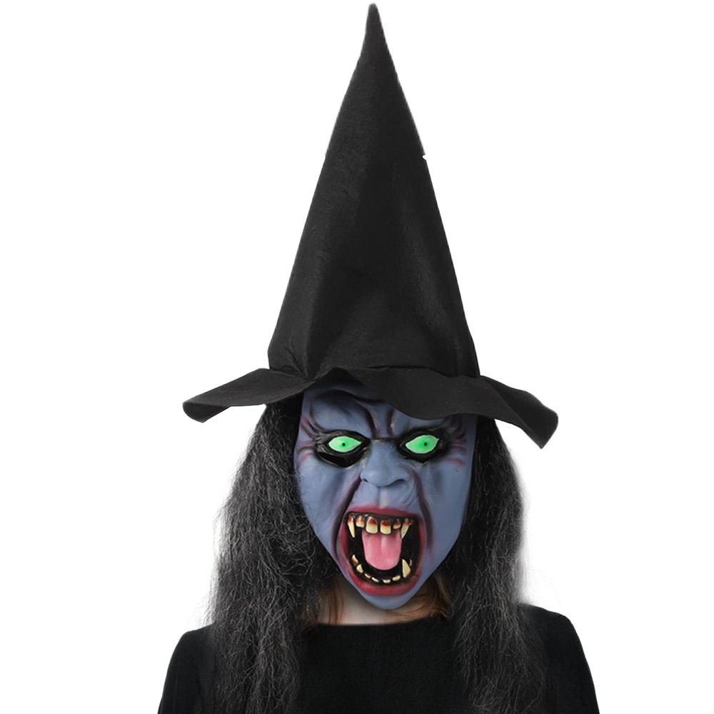 Mokylor 2 PCS Latex Witch Mask with Black Hair and Hat, Creepy Scary Women Costume Masks for Halloween Party Decorations