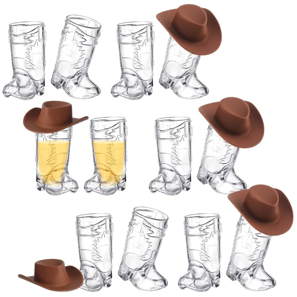 20 Pcs Plastic Mini Western Cowboy Cowgirl Hat and 10 Pcs Plastic Boot Shot Glasses Miniature Cute Doll Hat Cowboy Boot Cups (Brown, Simple Style)
