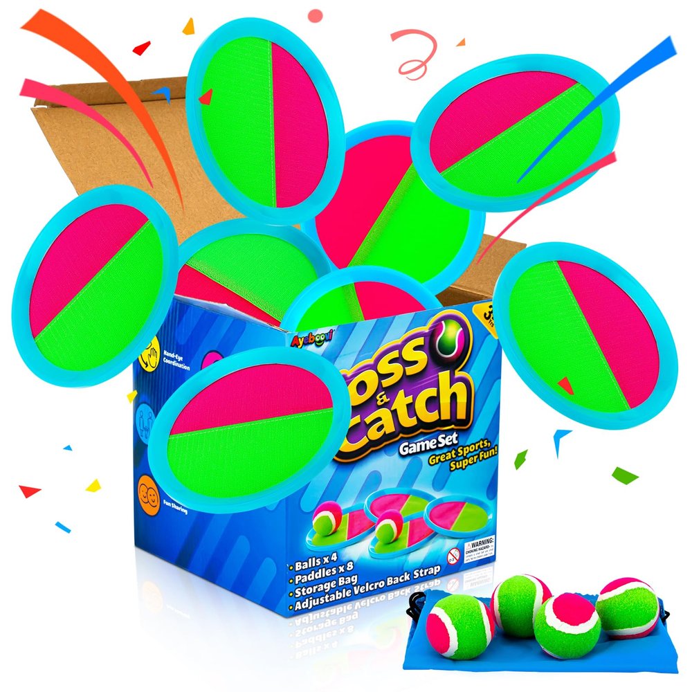 Ayeboovi Toss and Catch Ball Set 8 Paddles 4 Balls Outdoor Beach Pool Toys for 3 4 5 6 7 8 Year Old Boys Girls Birthday Valentine Gifts Easter Basket Stuffers Outside Yard Games for Kids and Family