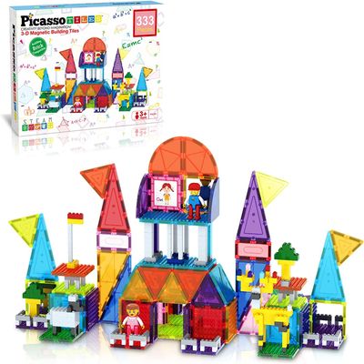 PicassoTiles 150 pcs Large Building Blocks + 333pcs Magnetic Combo, 5 Colors 4 Unique Shapes Mix & Match Toys, Magnetic Brick Tile and Magnetic Tile, Action Figures Included, Educational STEM Toys