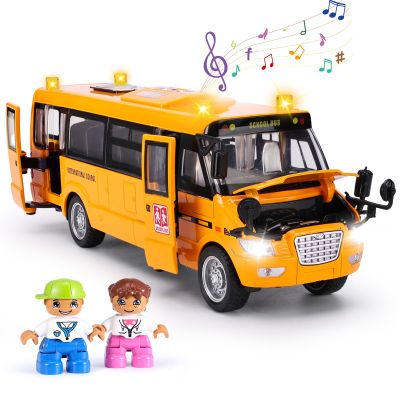 Crelloci School Bus Toy, Die Cast Model Car with Flashing Lights & Sounds, Friction Powered, Back & Side Doors Open, Large Yellow Metal Toy Vehicles, Play Bus Easter Gift for Kids Toddlers Ages 3+