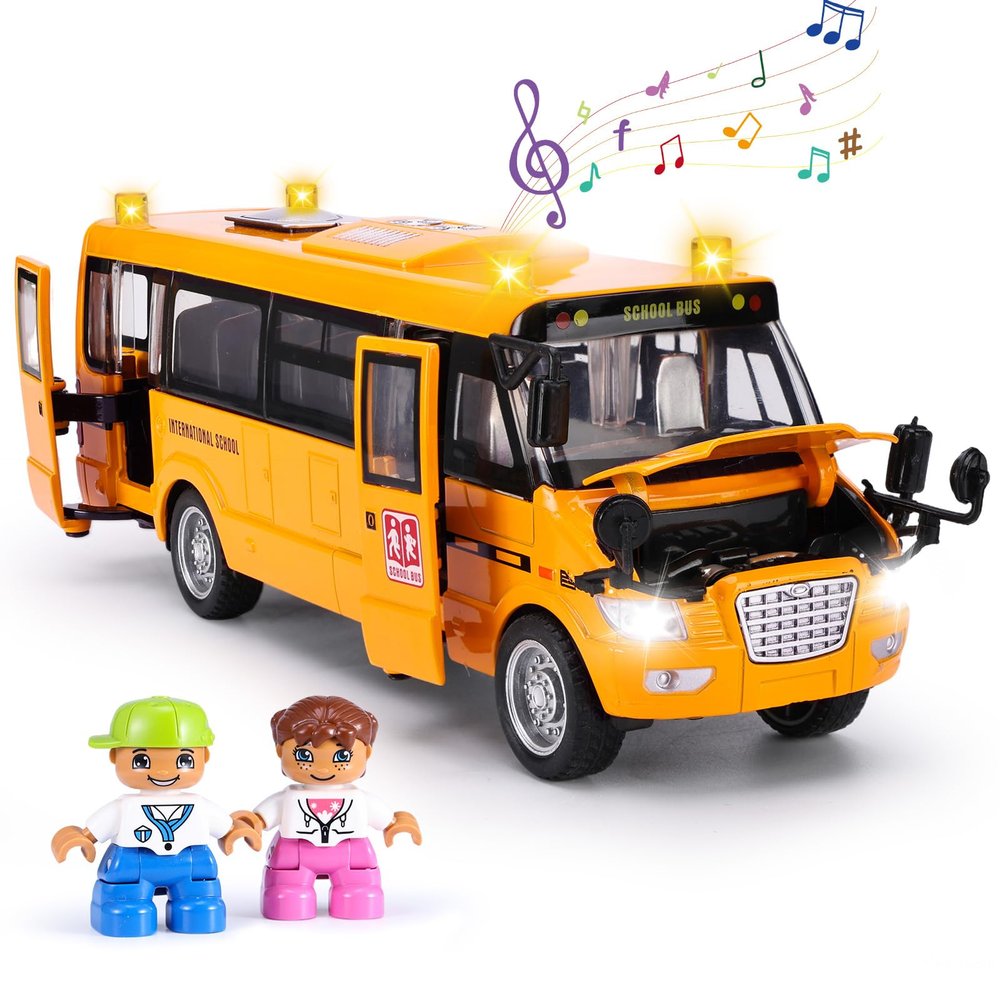 Crelloci School Bus Toy, Die Cast Model Car with Flashing Lights & Sounds, Friction Powered, Back & Side Doors Open, Large Yellow Metal Toy Vehicles, Play Bus Easter Gift for Kids Toddlers Ages 3+