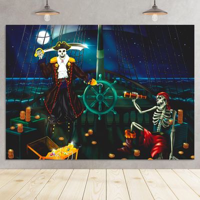 Cheerland Fabric Pirate Birthday Party Backdrop Halloween Pirate Decorations Skull Skeleton Pirates Door Banner Captain Ship Wall Decor Photobooth Background Scary Party Supplies 7x5ft