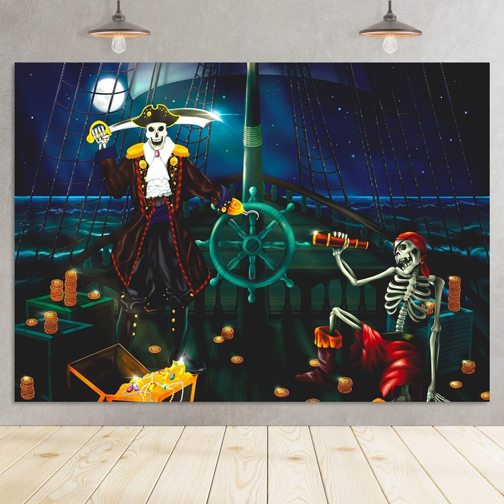 Cheerland Fabric Pirate Birthday Party Backdrop Halloween Pirate Decorations Skull Skeleton Pirates Door Banner Captain Ship Wall Decor Photobooth Background Scary Party Supplies 7x5ft