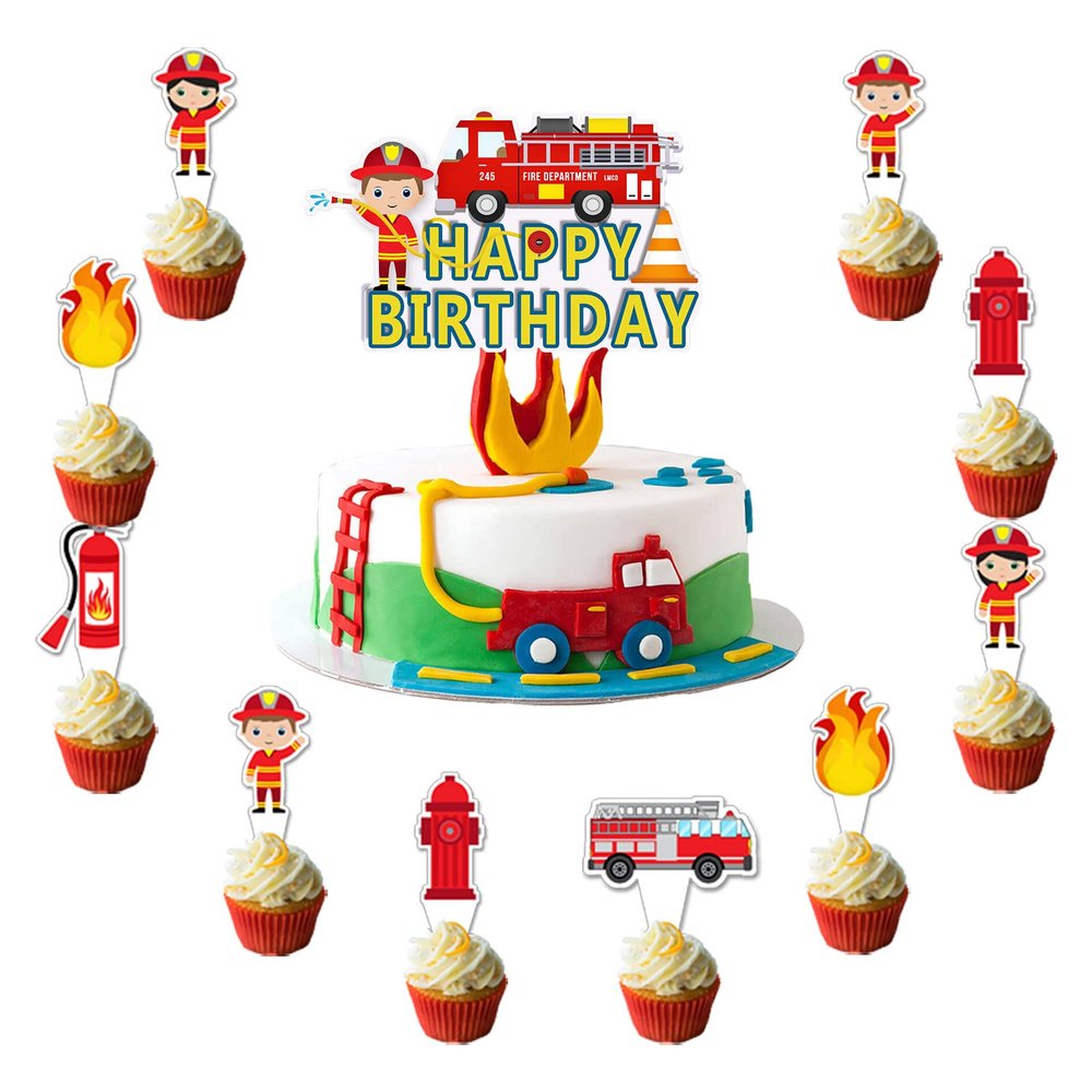 43 Fire Truck Cake Decoration Pack, 1 Fire Truck Happy Birthday Cake Topper 42 cupcake toppers, Fire Truck Party Decoration For Birthday Firefighter Birthday Party Supplies