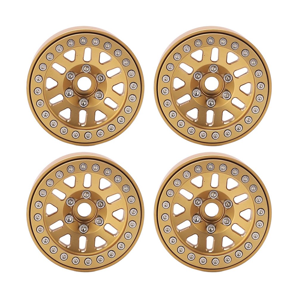 4 Pcs 1.9 Inch Beadlock Wheel 12mm Hex Metal Wheel Hub Rim Axial SCX10 90046 AXI03007 D90 D110 TF2, Traxxass 1/10 RC Car (Gold)