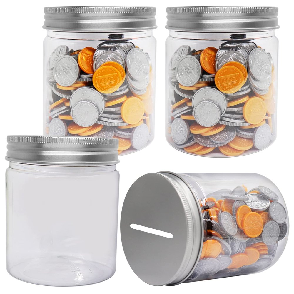 Mczxon Small Coin Bank Jars 4-Pack, 16oz Clear Plastic Coin Money Tip Coin Jars with Silver Slotted Lids, Small Transparent Plastic Coin Money Piggy Banks Jars for Adults Teens Kids Girls Boy, Silver