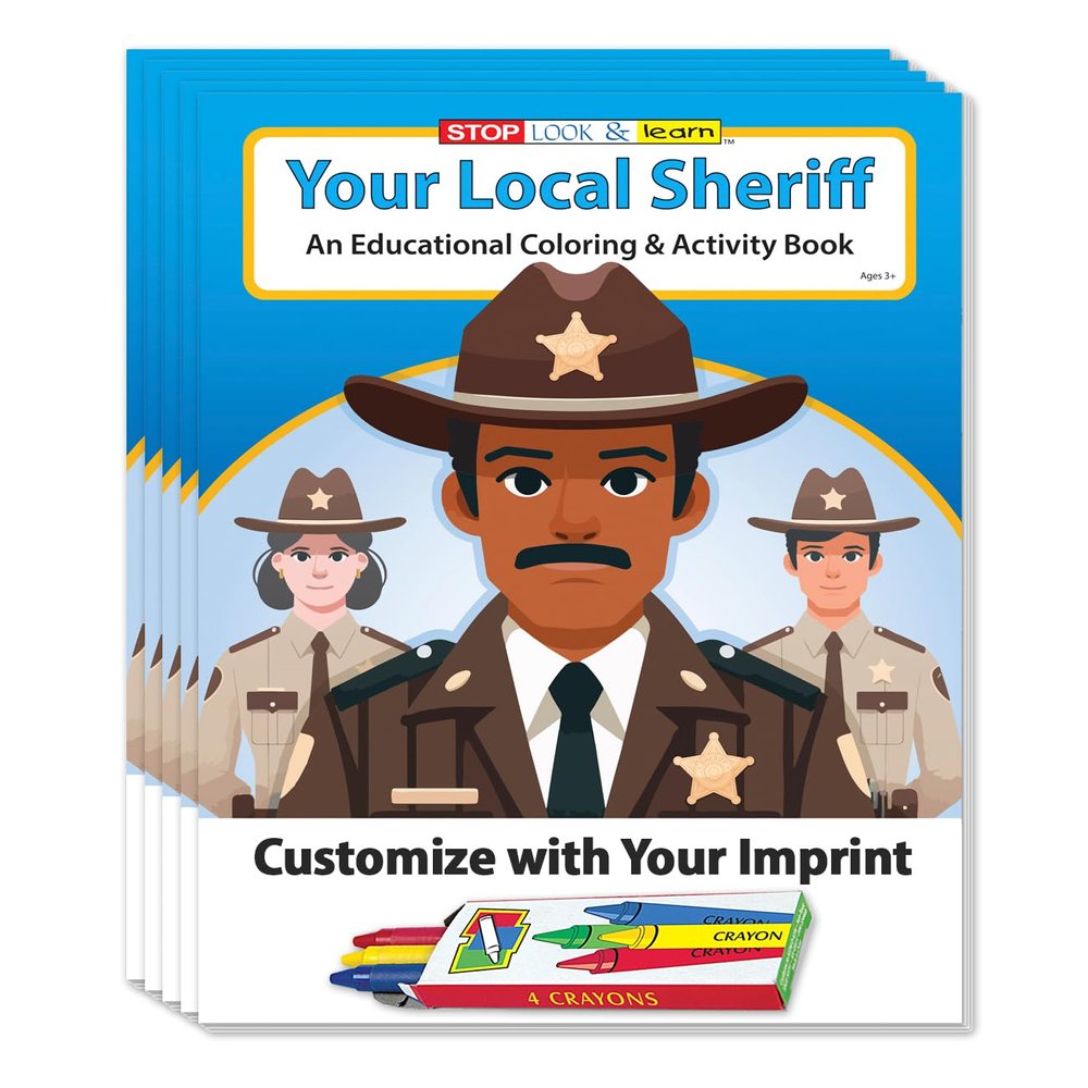 ZOCO Your Local Sheriff Custom Promotional Coloring & Activity Books (250 Bulk Pack, With Crayons) Police & Law Enforcement Educational Handout for Kids