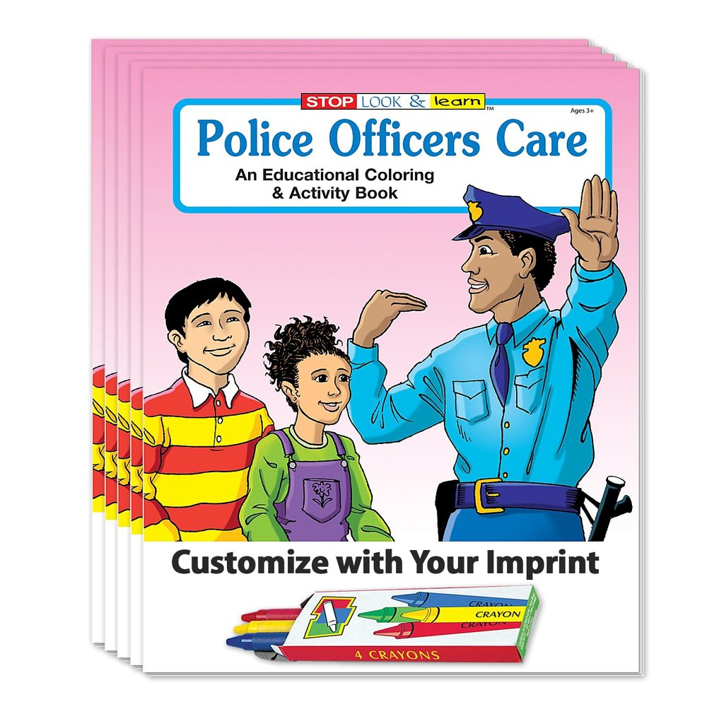 ZOCO  Police Officers Care  Custom Promotional Coloring Books (250 Bulk Pack, With Crayons)  Party Favors, National Night Out Handouts  Puzzles, Games, Activities for Kids
