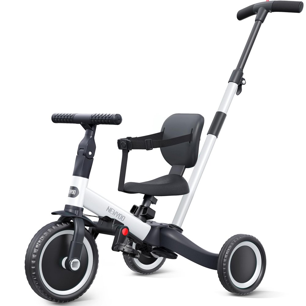 newyoo Toddler Bike, 4 in 1 Tricycles for 1,2,3 Year Olds, Balance Bike, Birthday Gift and Toy for Boys and Girls, Kids Tricycle with Parent Steering Push Handle, Removable Pedals, White, TR007