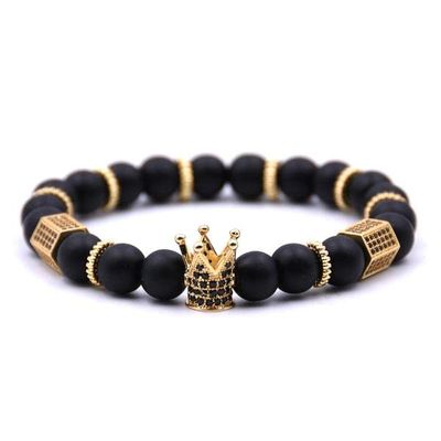 Black Dice 14k Gold Plated Crown Charm Beads Bracelet for Men Women Black Matte Onyx Stone Beads, Cubic Zirconia Bracelet, Elastic Beaded Bracelet