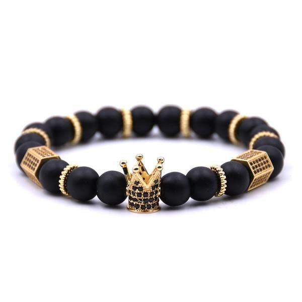 Black Dice 14k Gold Plated Crown Charm Beads Bracelet for Men Women Black Matte Onyx Stone Beads, Cubic Zirconia Bracelet, Elastic Beaded Bracelet