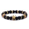 Black Dice 14k Gold Plated Crown Charm Beads Bracelet for Men Women Black Matte Onyx Stone Beads, Cubic Zirconia Bracelet, Elastic Beaded Bracelet view 1