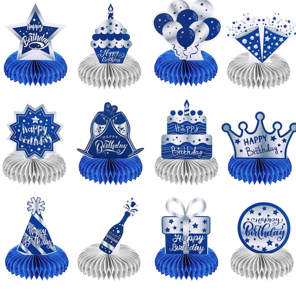 12 Pcs Happy Birthday Decorations for Men Blue Silver Honeycomb Centerpieces Party Supplies Paper Table Decorations Royal Table Centerpieces for Boys, Kids Party