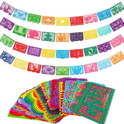 Qpout Mexican Fiesta Felt Banner - 4pcs, 11.8 x 7.9 inch, Cinco de Mayo, Day of The Dead, Papel Picado, 4 Different Designs