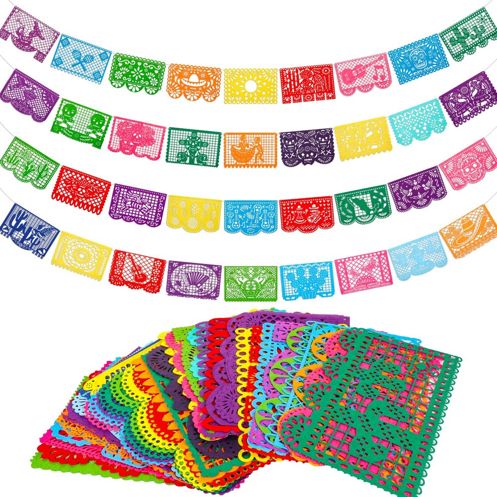 Qpout Mexican Fiesta Felt Banner - 4pcs, 11.8 x 7.9 inch, Cinco de Mayo, Day of The Dead, Papel Picado, 4 Different Designs