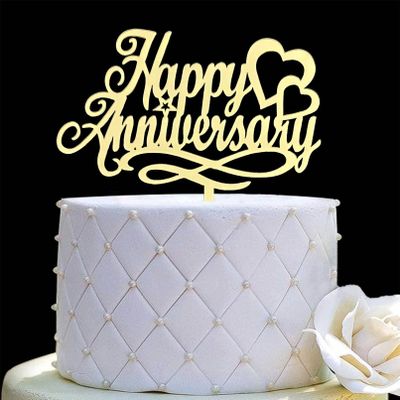 Happy Anniversary Cake Topper, Wedding Anniversary, Company Anniversary, Birthday Party Decorations,Mirror Gold Acrylic