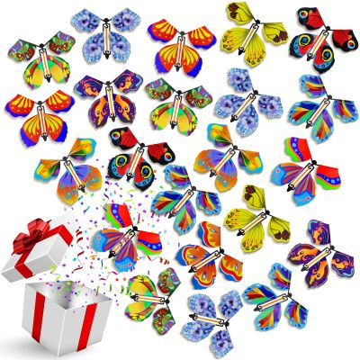 Vinsot 100 Pcs Flying Butterfly Magical Wind up Butterfly Rubber Band Powered Gift Box for Bookmark Greeting Card Surprise Gift Wedding Birthday Party 10 Styles, 4.41 x 5.67 Inches