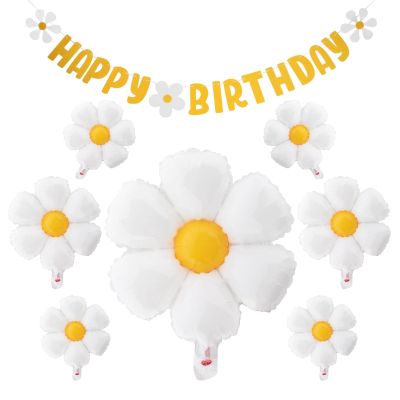 10pcs set Daisy Balloons, Shower Decoration Banners,Happy Birthday Decorations Felt Bunting for Girls Boys Birthday Party Supplies(Yellow+White)