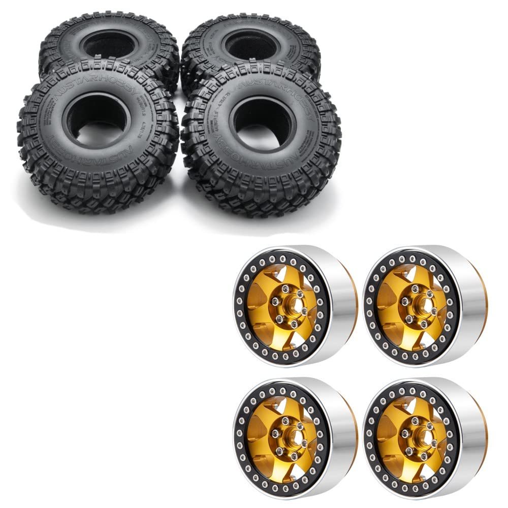 RCLIONS 4pcs 1.9" RC Crawler Tires Wheel and Beadlock Wheels Rims for 1/10th RC Crawler Car TRX4 SCX10