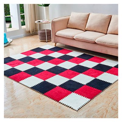 10 Pieces Plush Puzzle Foam Floor Mat,Soft Fluffy Interlocking Foam Tiles,10 Tiles/9.7 Sq.Ft Area Rugs,12"X12" Carpet Squares for Classroom Home Winter,Red+Black+White